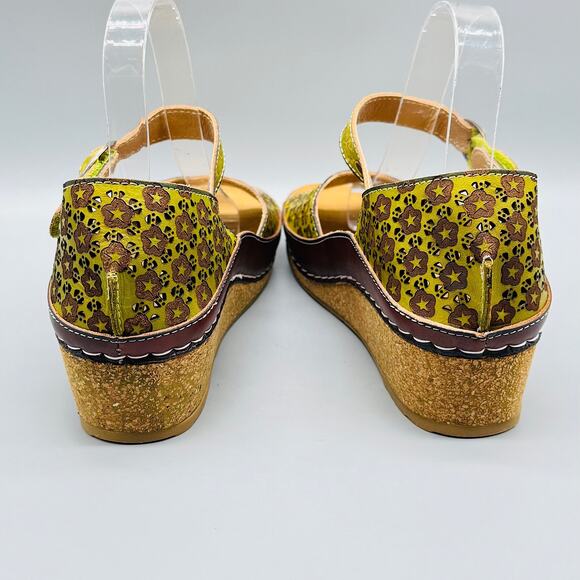 Spring Step L'Artiste Sandals Women 9.5 Green Leather Delphia Wedge Floral Strap - Picture 6 of 11